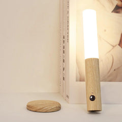 Lamp leaning against a shelf beside its round wooden wall mount