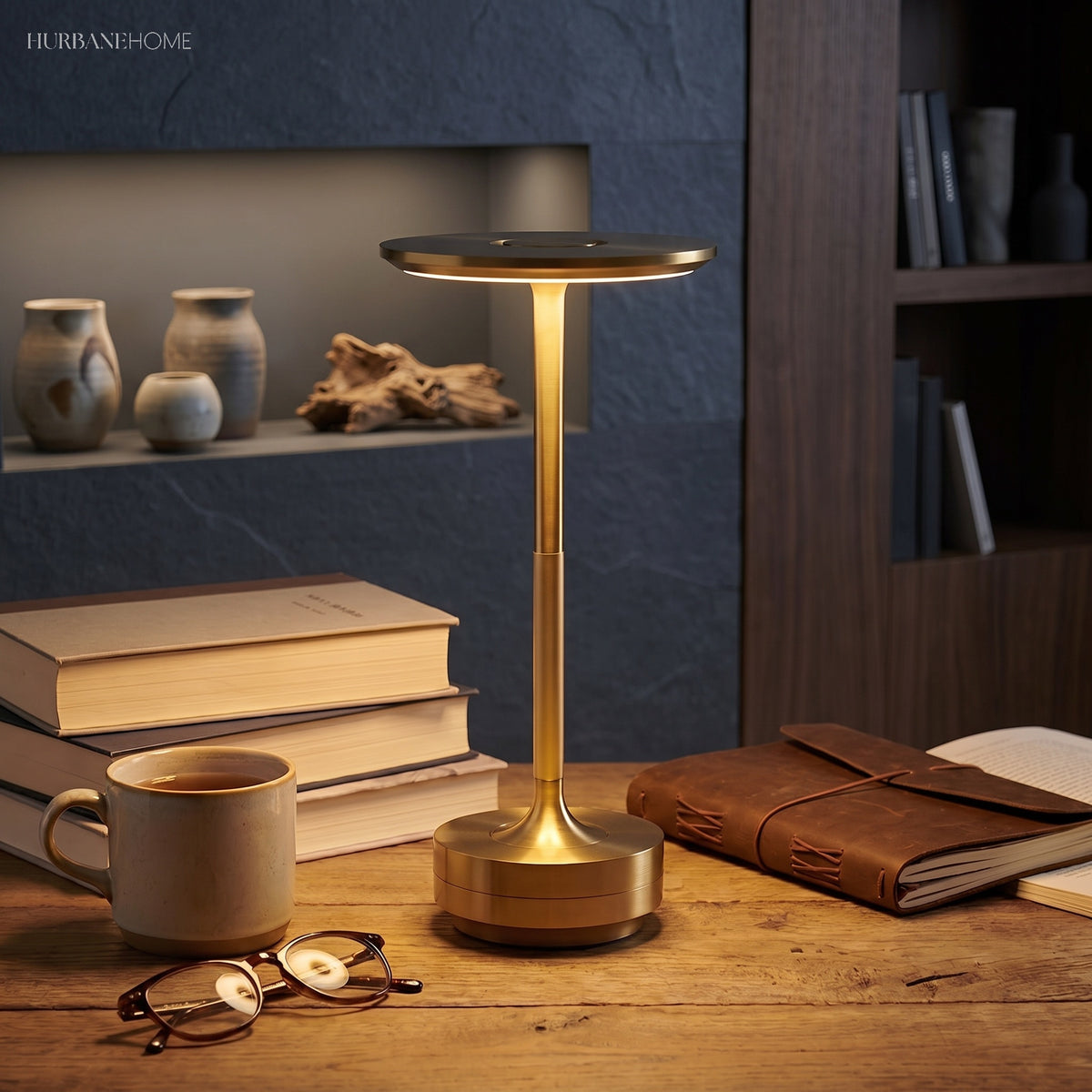 Two dish lamps in brass and black finishes standing side by side