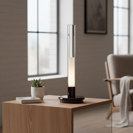 A modern table lamp with a tall, clear glass cylinder and a glowing white frosted center, mounted on a glossy black circular base against a neutral gray background.