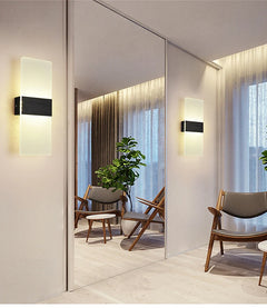 Two acrylic panel wall lights reflected in a mirrored wall