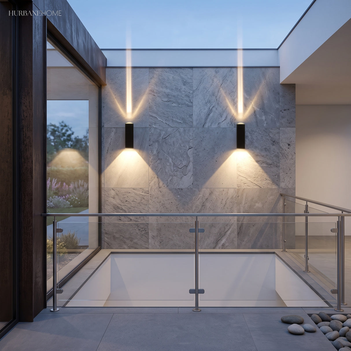 Modern wall sconces on a grey marble wall above a poolside balcony with glass railing