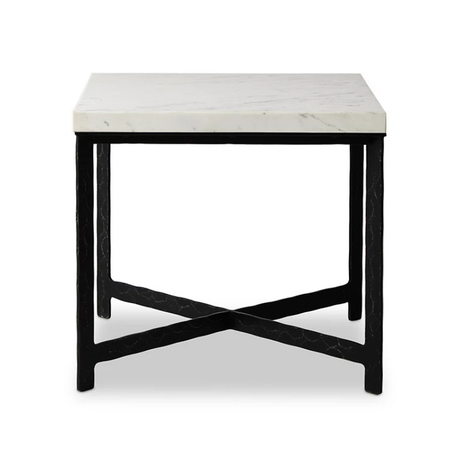 Rectangular square end tables styled beside modern sofa