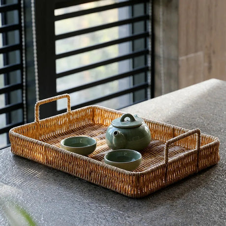 Imitation Rattan Plastic Serving Tray with Handle, Multipurpose Organizer