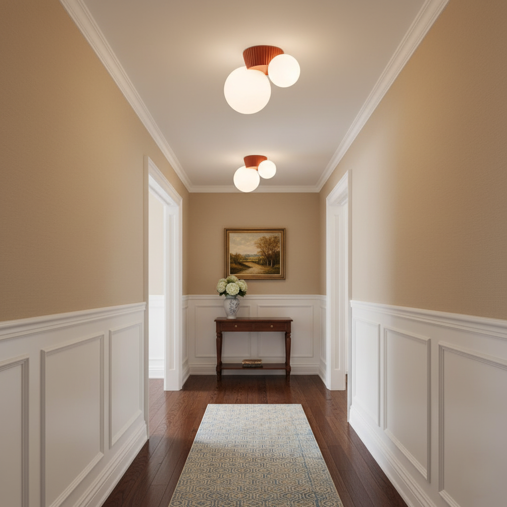 Two red canopy globe lights above a panelled hallway with a console table