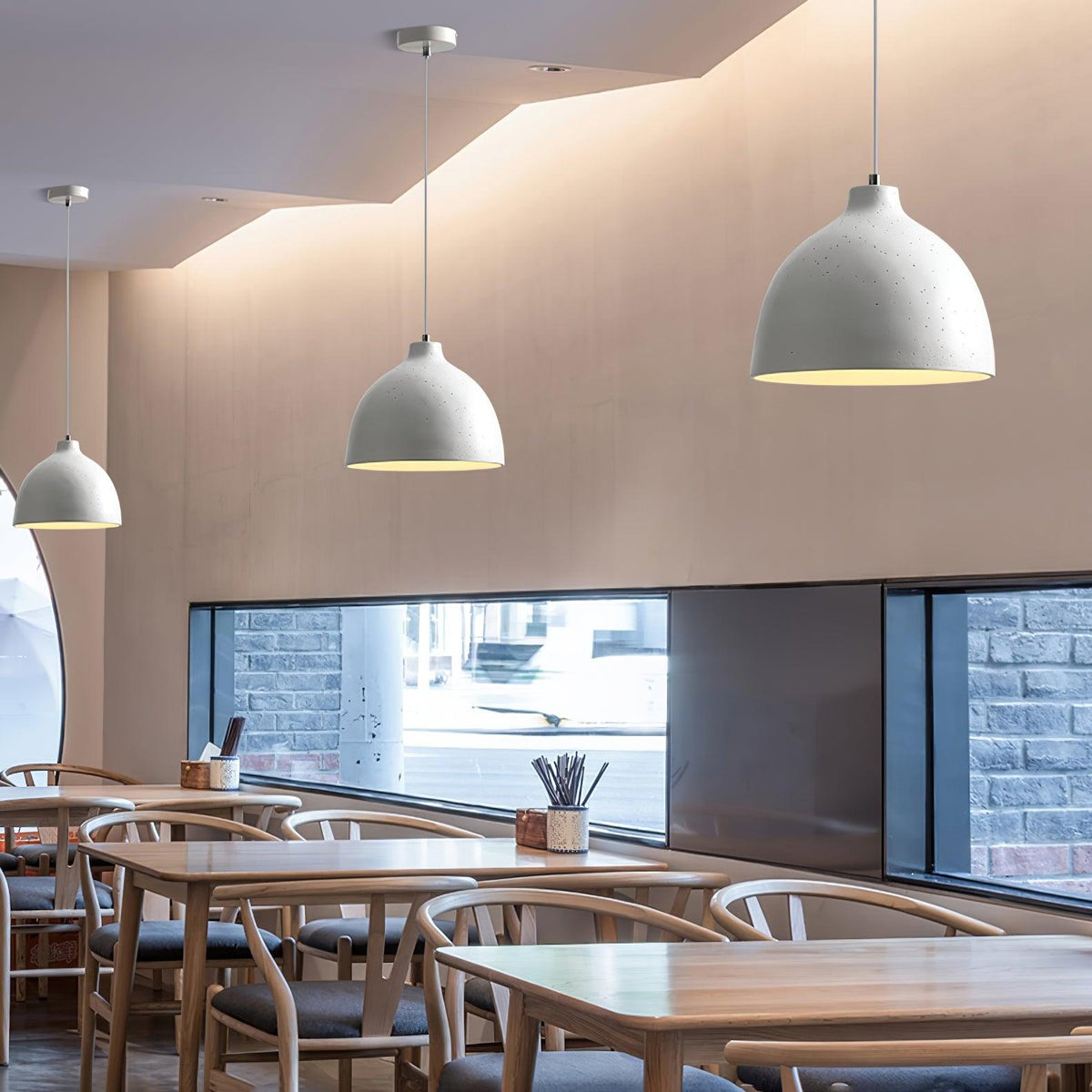 Matte speckled resin dome pendant light in a white finish, view 25