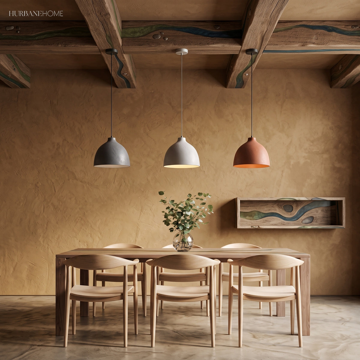 Three resin dome pendants above a dining table under timber beams