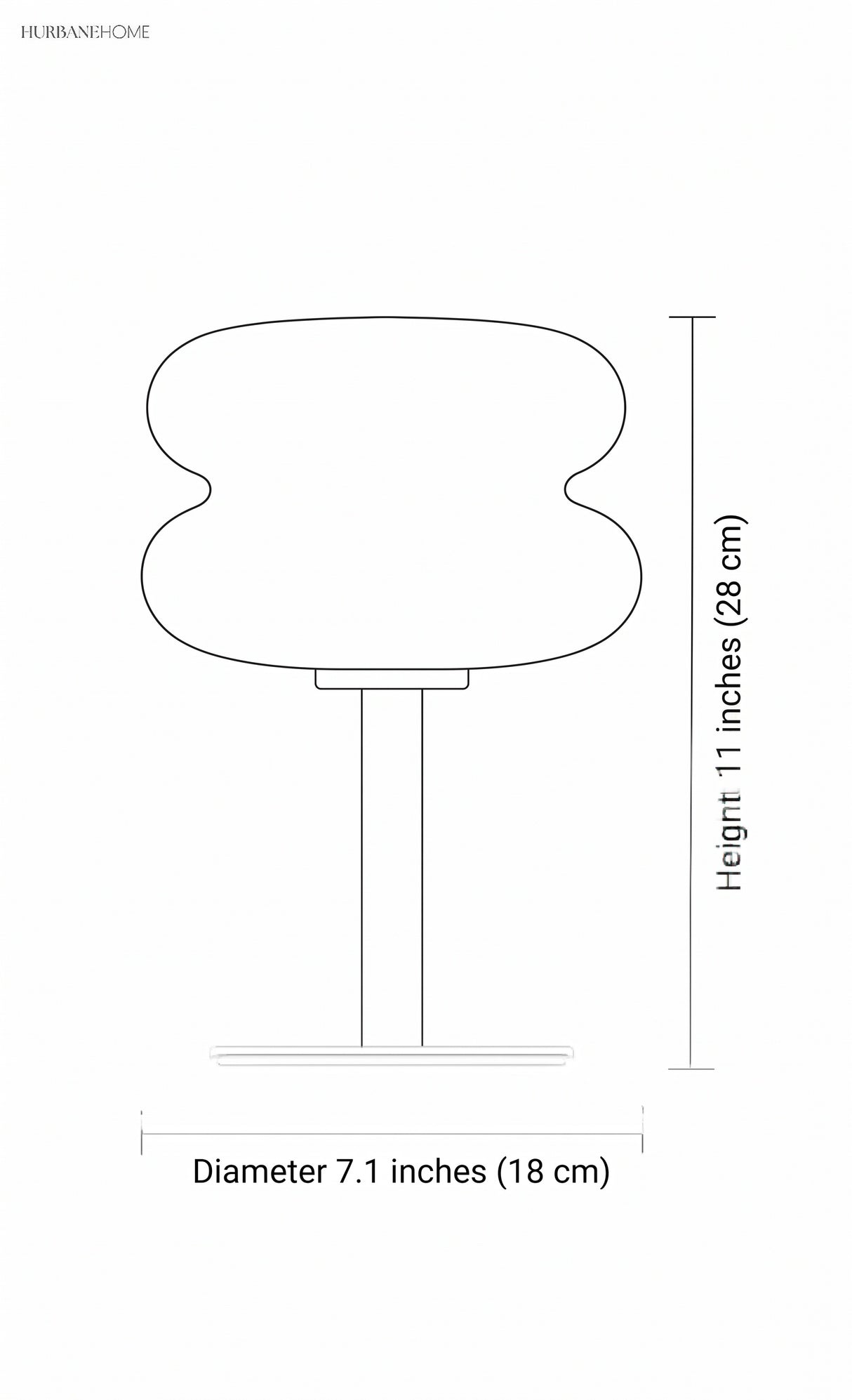 Dimension diagram: retro glass table lamp, height 11 inches, diameter 7.1 inches