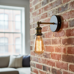 Industrial-style wall sconce with a warm Edison bulb, mounted on a red brick wall in a living room setting.