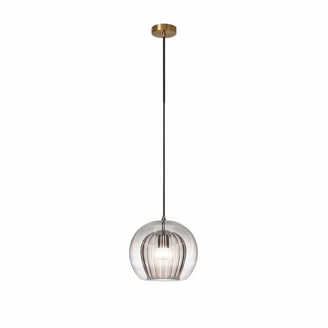 Row of three ribbed glass globes with brass fittings over a long dining table
