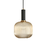 Amber ribbed cylinder pendant with a brass collar on white