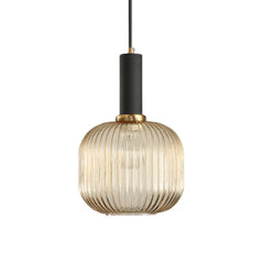 Amber ribbed cylinder pendant with a brass collar on white