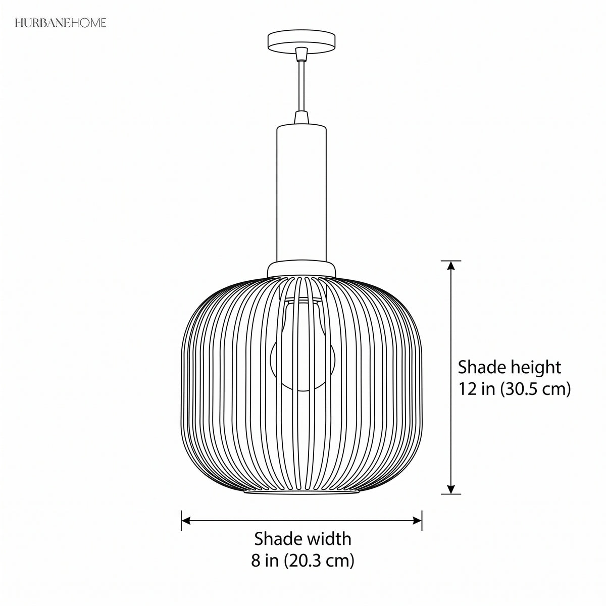 Line drawing of the pendant with shade height 12 in and width 8 in