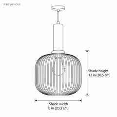 Line drawing of the pendant with shade height 12 in and width 8 in