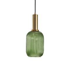 Green ribbed capsule pendant with a brass collar, shown lit