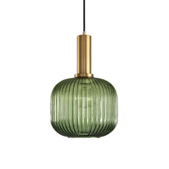 Green ribbed cylinder pendant with a brass collar on white