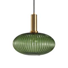 Green ribbed oval pendant with a brass collar, shown on white