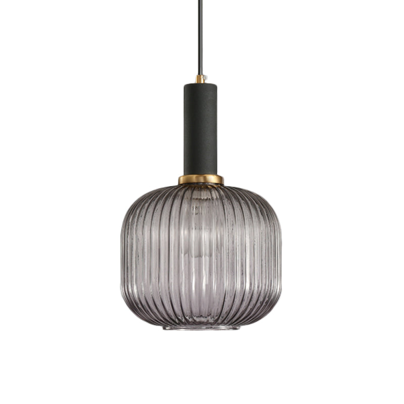 Smoke ribbed cylinder pendant with a black collar on white