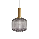Smoke ribbed cylinder pendant with a brass collar on white