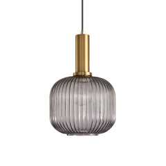 Smoke ribbed cylinder pendant with a brass collar on white