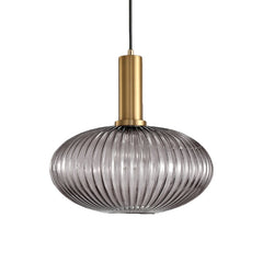 Smoke ribbed oval pendant with a brass collar, shown on white
