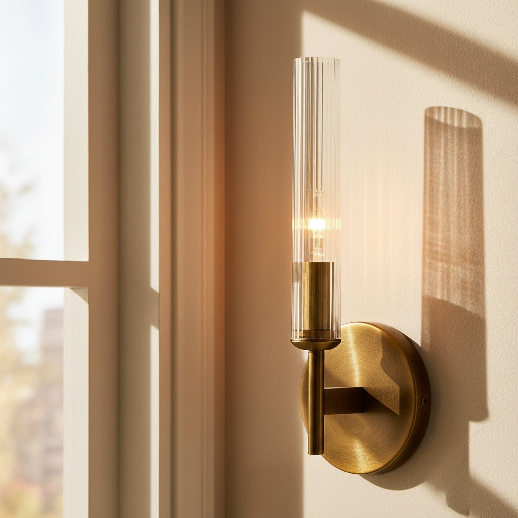 Ribbed glass tube farmhouse wall sconce alternative angle view 1