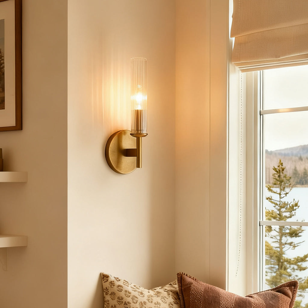 Ribbed glass tube farmhouse wall sconce close detail view 2