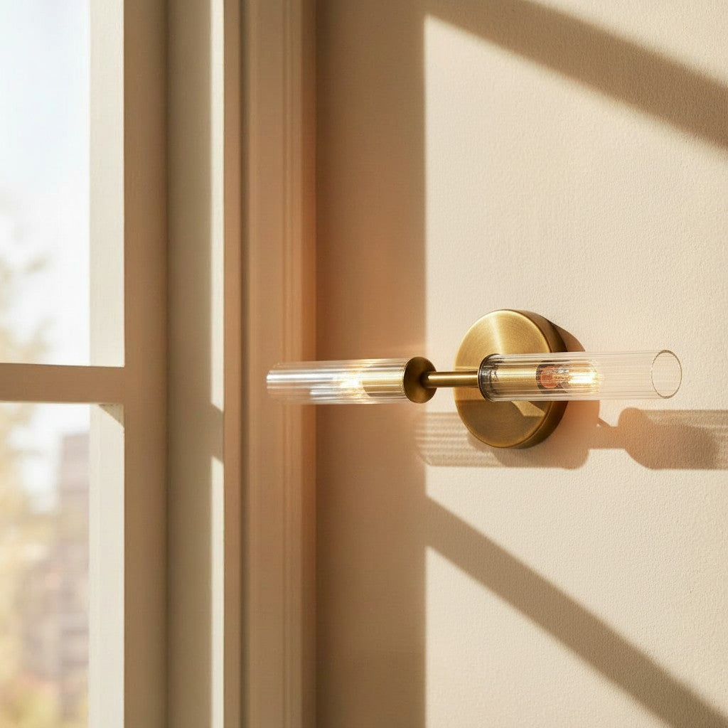 Ribbed glass tube farmhouse wall sconce close detail view 8