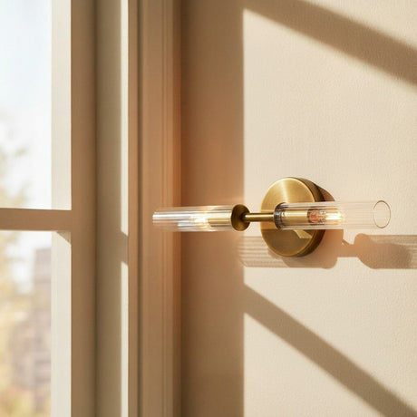 Ribbed glass tube farmhouse wall sconce close detail view 8
