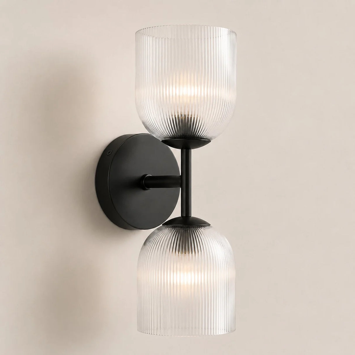 Ribbed glass bathroom vanity sconce detail view 26 showing finish and construction