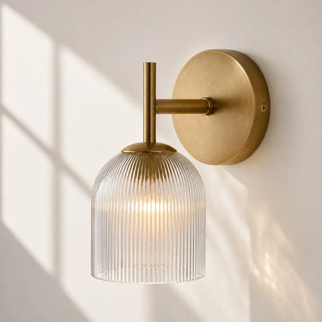 Ribbed glass bathroom vanity sconce detail view 2 showing finish and construction