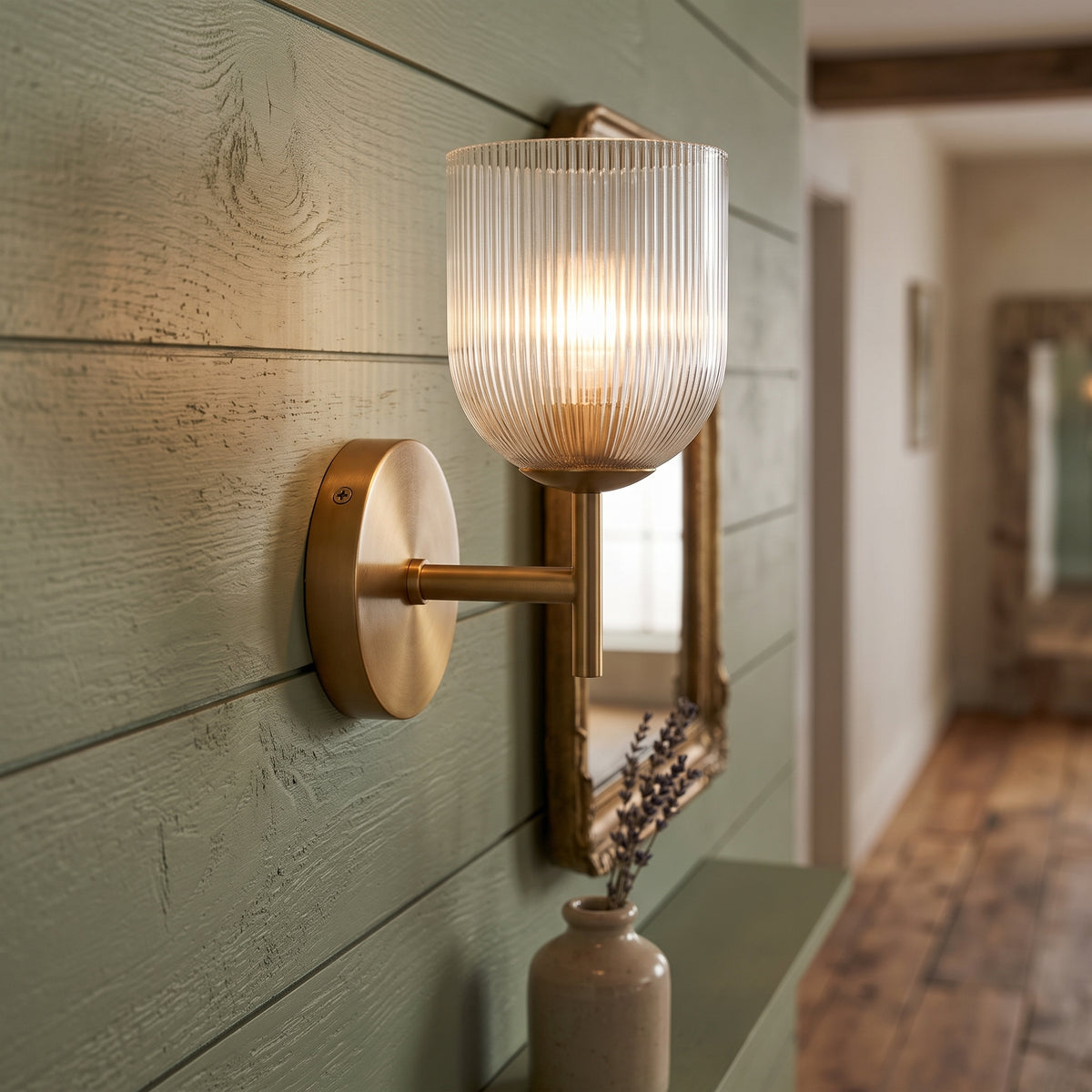 Ribbed glass bathroom vanity sconce main product image on a plain background