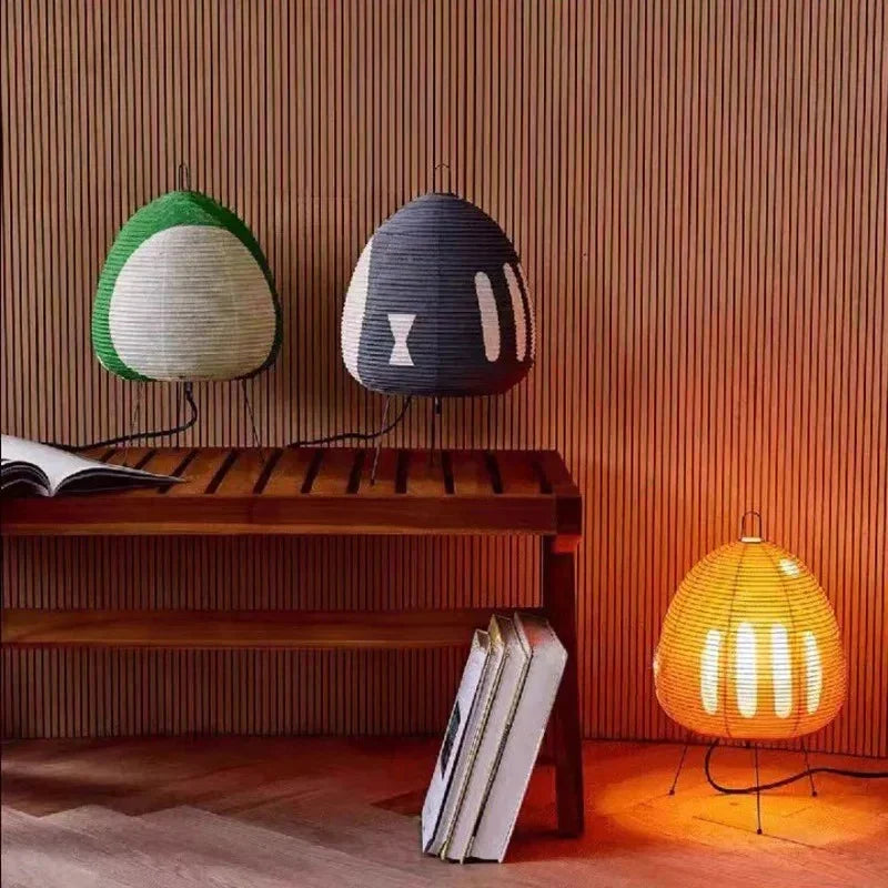 Rice paper table lamp on wire tripod legs, product view