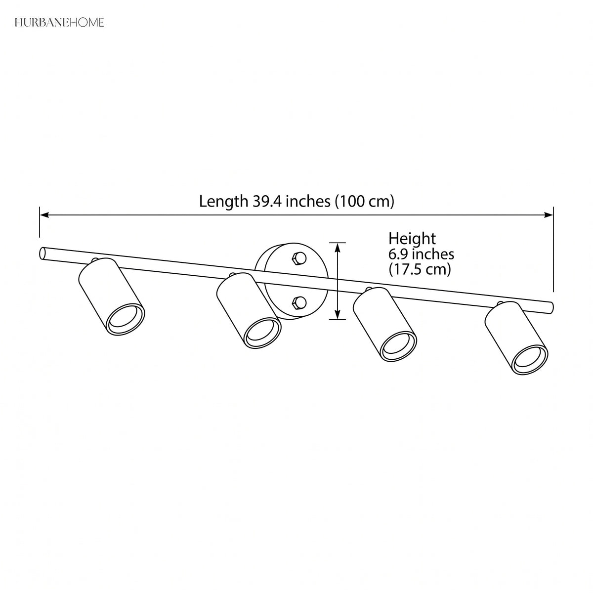 Dimension drawing of the four head bar at 39.4 inches long and 6.9 inches high