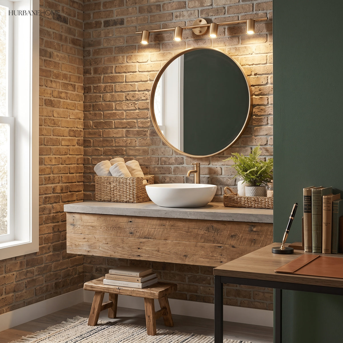Brass spotlight bar lit above a round mirror on an exposed brick bathroom wall