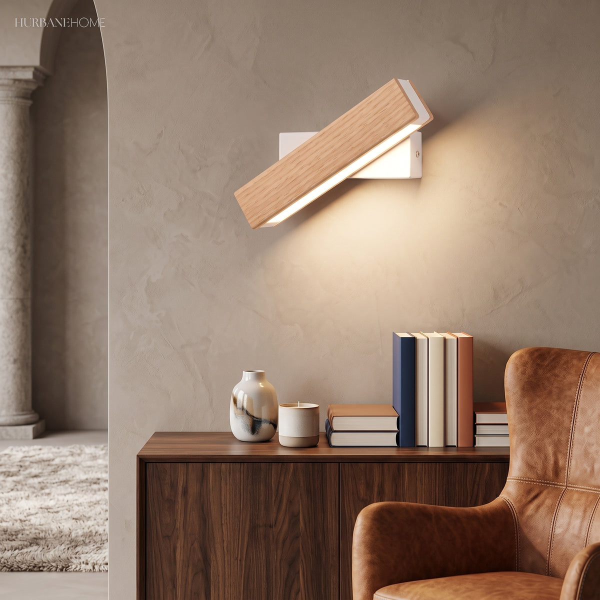 Wood bar light angled downward above a dark wooden sideboard
