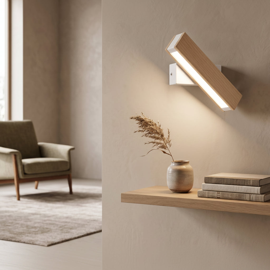 Angled wood bar wall sconce lighting a pale wall above a shelf