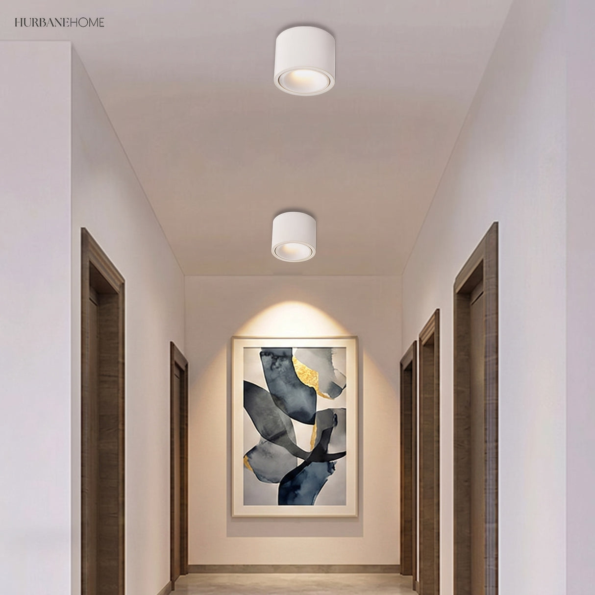 Round adjustable LED spotlight in a styled interior