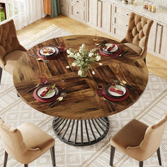 Round Dining Room Table for 6 – Farmhouse Wood Top with Metal Base - Hurbane Home