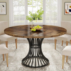 Round Dining Room Table for 6 – Farmhouse Wood Top with Metal Base - Hurbane Home