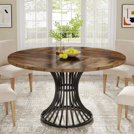 Round Dining Room Table for 6 – Farmhouse Wood Top with Metal Base - Hurbane Home