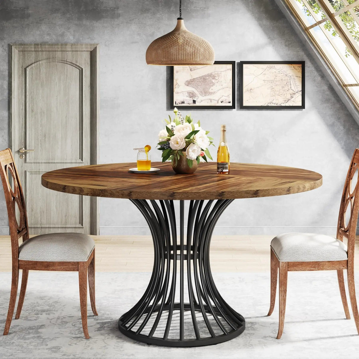 Round Dining Room Table for 6 – Farmhouse Wood Top with Metal Base - Hurbane Home