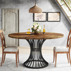 Round Dining Room Table for 6 – Farmhouse Wood Top with Metal Base - Hurbane Home