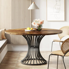 Round Dining Room Table for 6 – Farmhouse Wood Top with Metal Base - Hurbane Home
