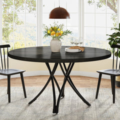 Round Dining Room Table for 6 – Farmhouse Wood Top with Metal Base - Hurbane Home