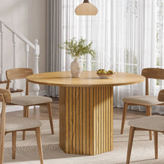 Round Dining Room Table for 6 – Farmhouse Wood Top with Metal Base - Hurbane Home