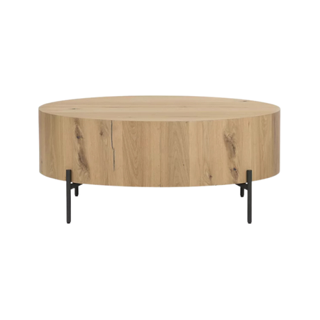 White Bg round drum outdoor coffee table with oak veneer texture