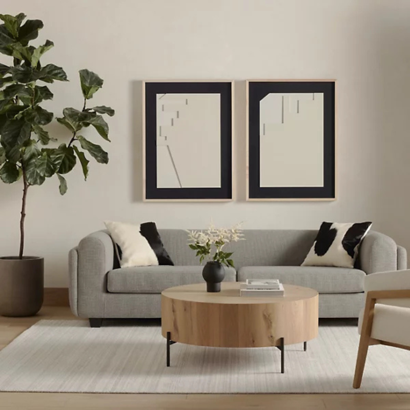 round drum outdoor coffee table with oak veneer texture