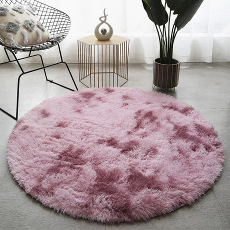 Round fluffy carpet in cozy ivory for bedroom or nursery