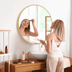 Round Gold Mirror – Large Tempered Glass Vanity with Metal Frame - Hurbane Home