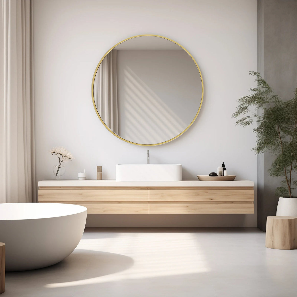 Round Gold Mirror – Large Tempered Glass Vanity with Metal Frame - Hurbane Home